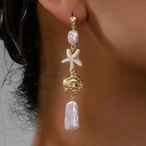 Beautiful Starfish Seashells Pearl Baroque Dangle Earrings
